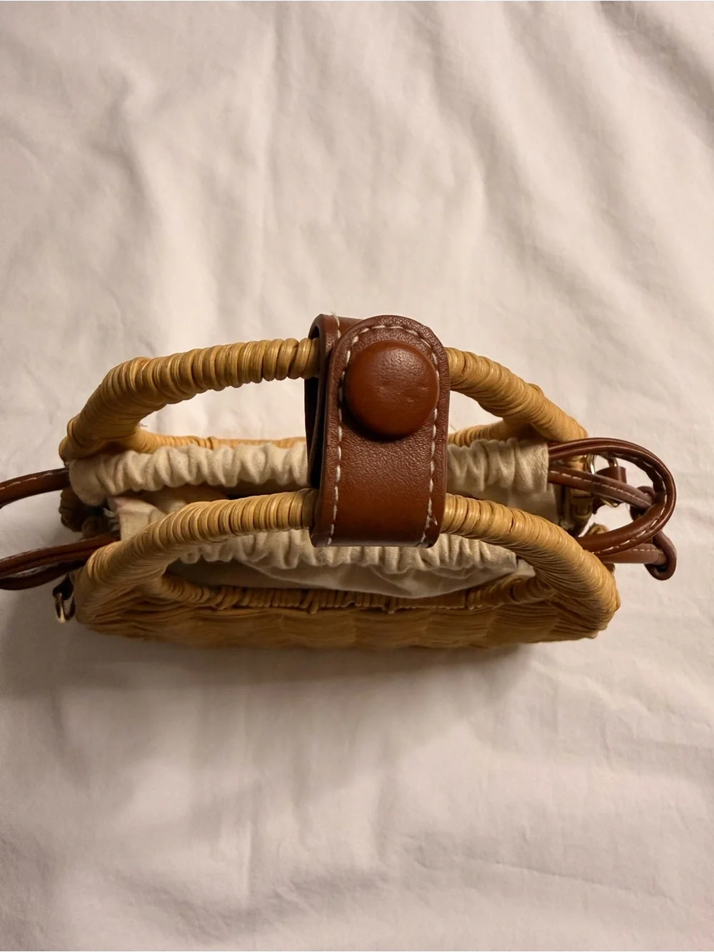 ZARA Woven Rattan Top-Handle Bag with Cream Drawstring Liner (158)